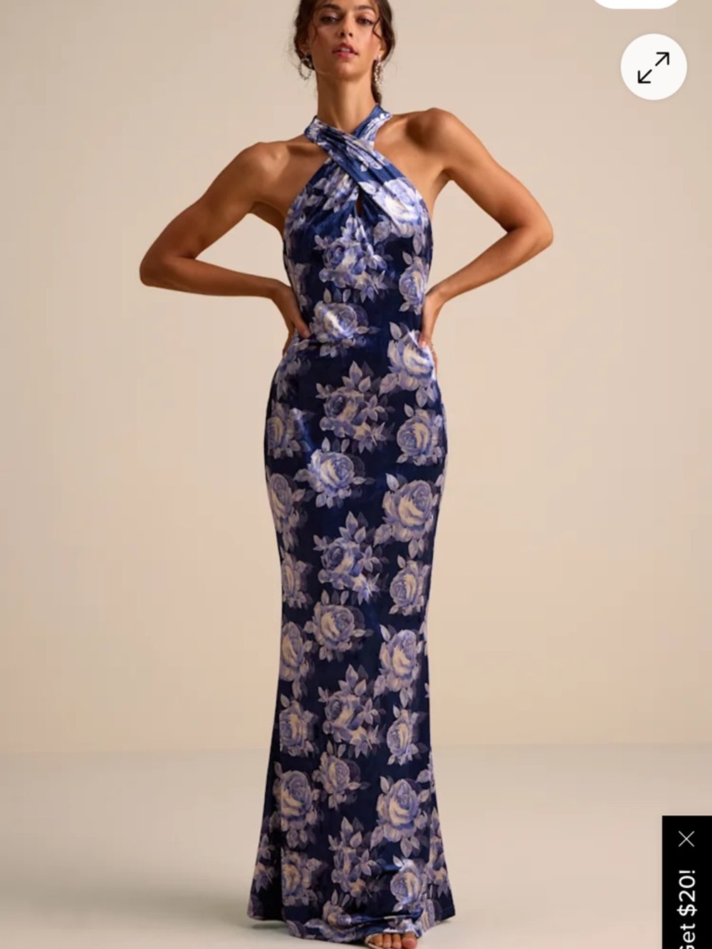 Lulu’s Celestara Navy Floral Velvet Backless Mermaid Maxi Dress size XS